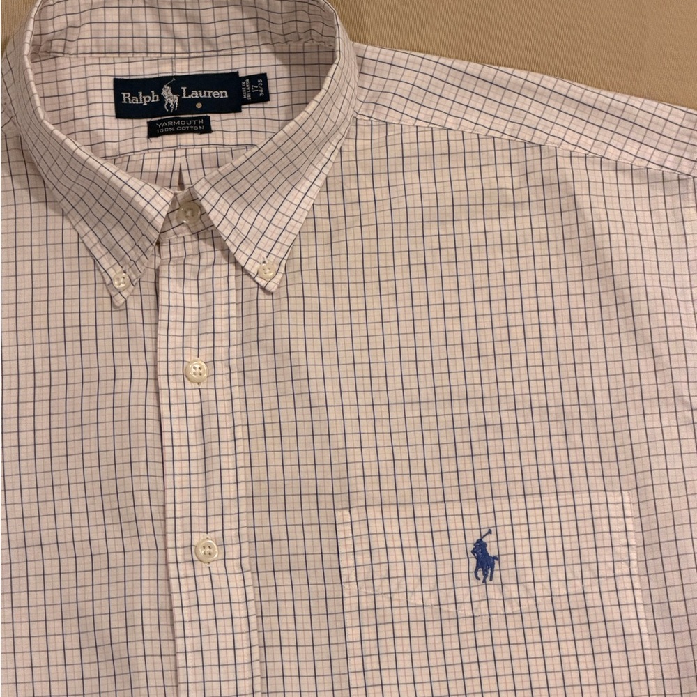 Ralph Lauren Men's White and Blue Grid Shirt